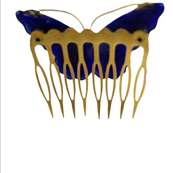 Vintage Enamel Butterfly Floral Hair Comb Gold Blue - Picture 5 of 11